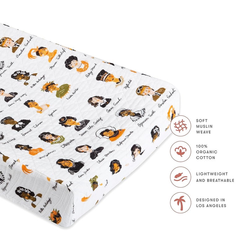 babyletto 100% Quilted Organic Cotton Changing Pad Cover, GOTS-Certified, Fitted 360°, Ultra-Soft and Breathable Muslin - Women in History - Image 3